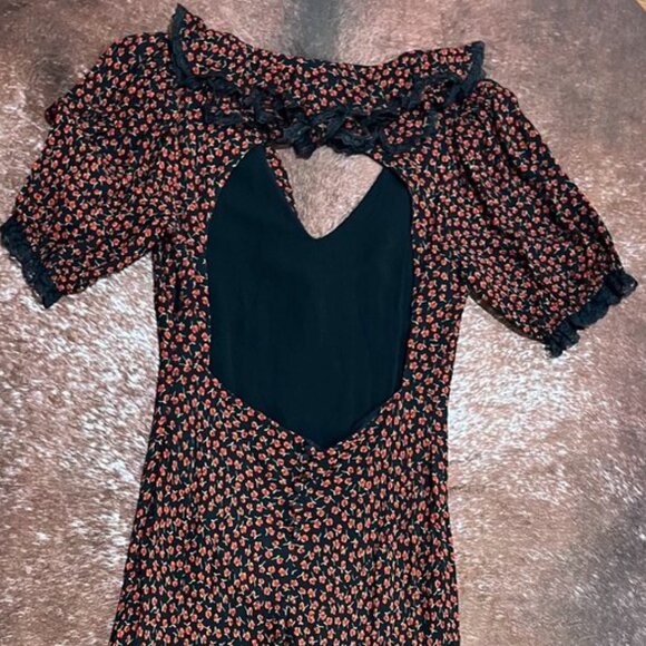 Reformation Evra Lace Trim Floral Crepe Maxi Dress Black Red Print 8 (Fits Small - Picture 9 of 13